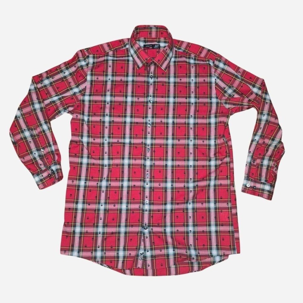 J. Ferrar Mens‎ Slim Fit Red Plaid Skull Print Stretch Button Down Shirt Large